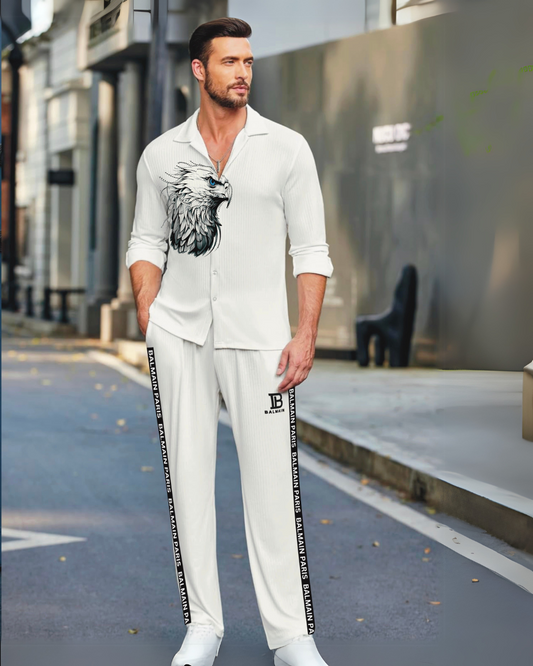 EAGLE FULL SLEEVE WITH PARIS OVERSIZED KNITTED SHIRT COORD SET - WHITE AND WHITE(*)