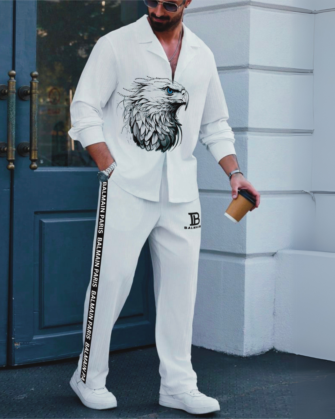 EAGLE FULL SLEEVE WITH PARIS OVERSIZED KNITTED SHIRT COORD SET - WHITE AND WHITE(*)