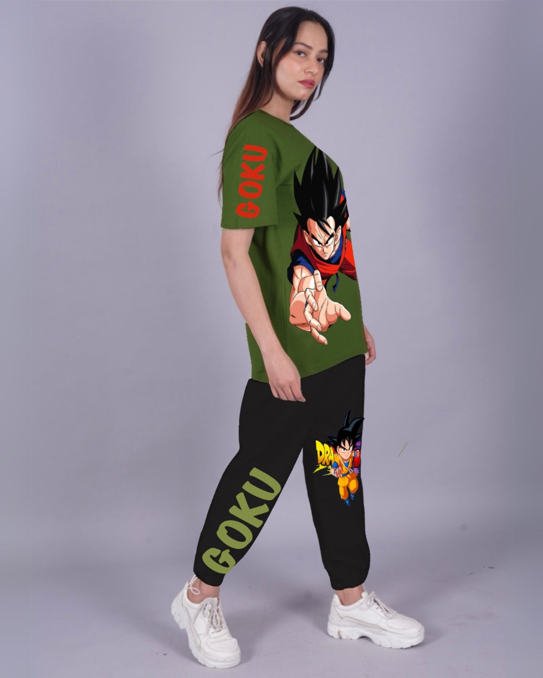 Women Goku Oversized Co-Ord Set - Olive and Black