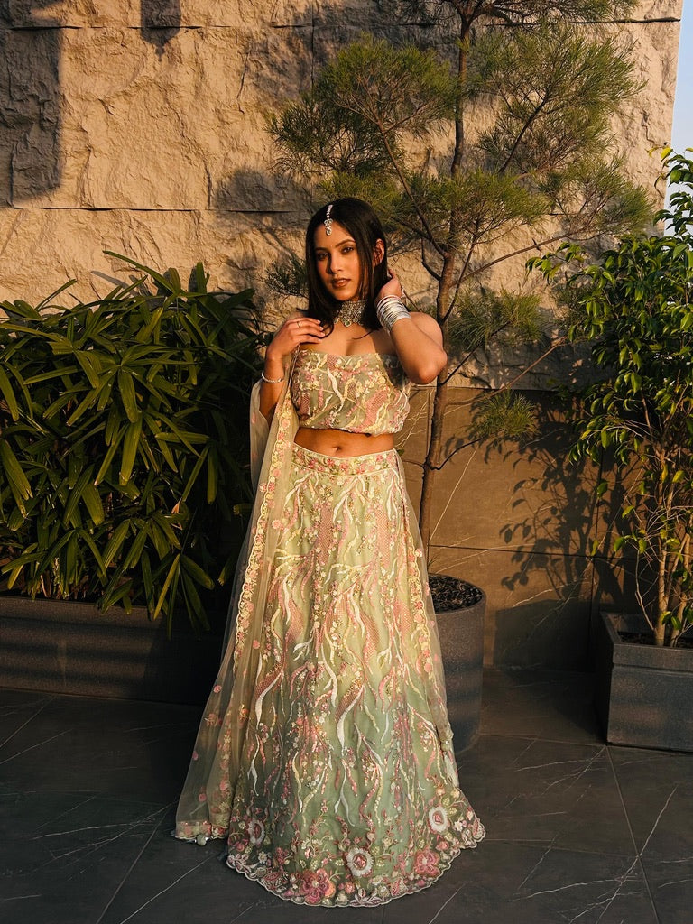 Lime green and pink Lehenga