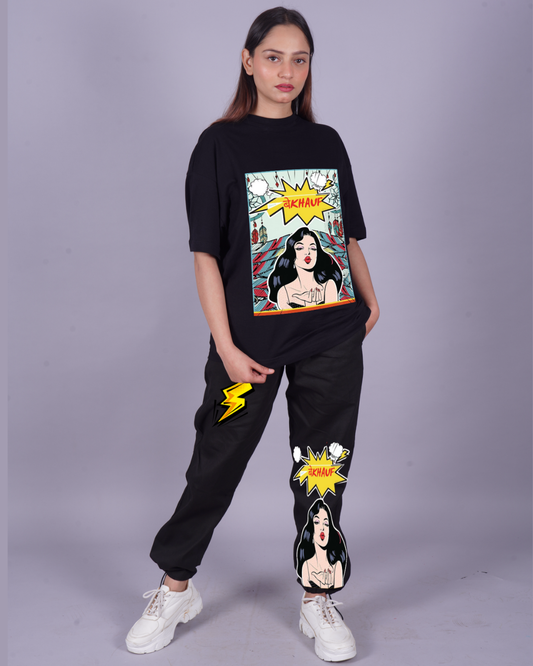 Women Bekhauf Graphic Oversized Co-Ord Set - Black and Black