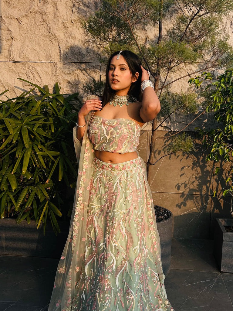 Lime green and pink Lehenga