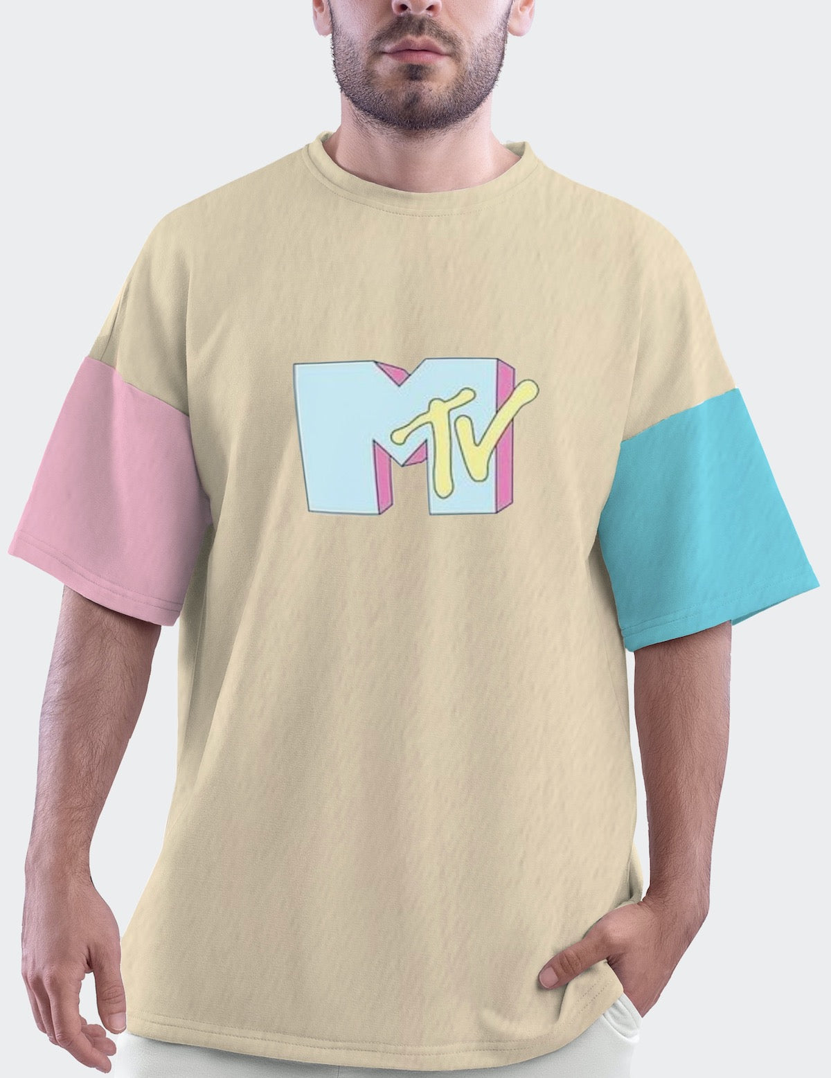 MTV Butter Cream Urban Oversized Fit Tee with Dual Colour Sleeves(*)