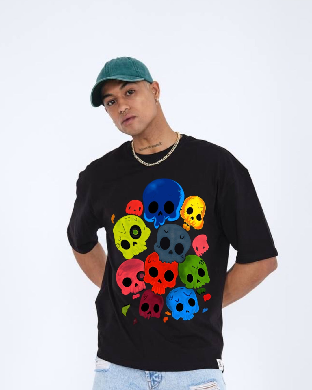 Colorful Skull Unisex Exclusive Oversized Tee - Black