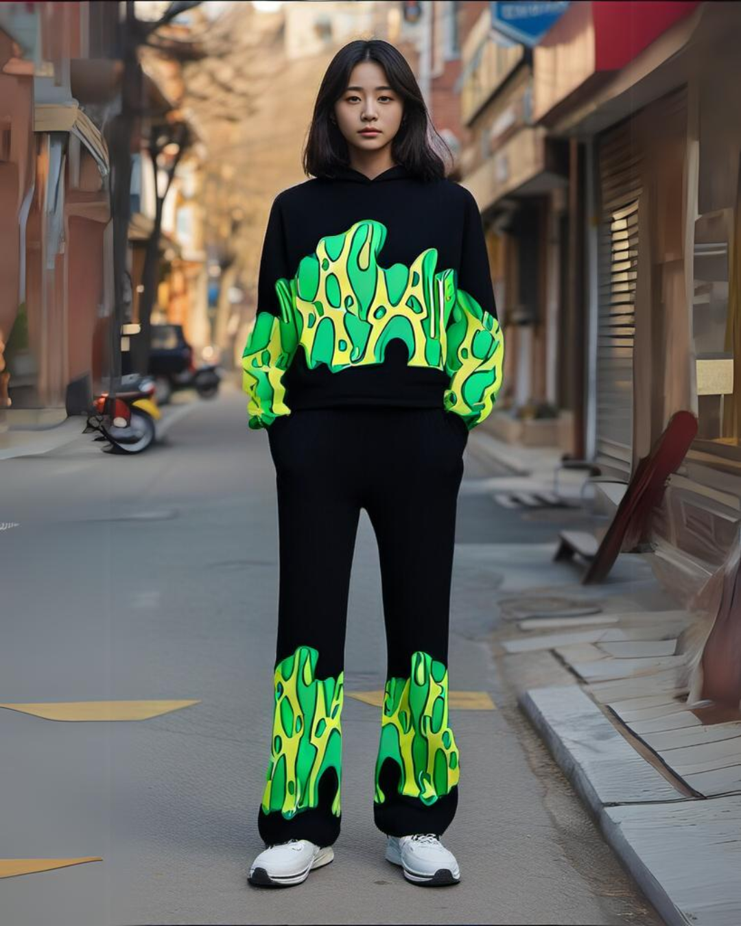 Women Green Fire Edition Hoodie Oversized Co-ord Set - Black and Black