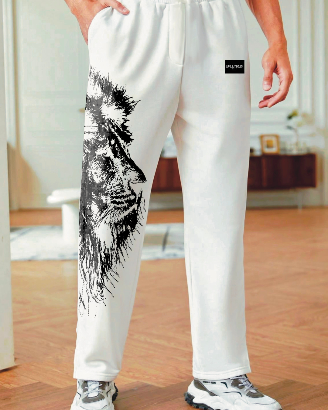 MEN'S DESIGNER WHITE COTTON PANT - BALMAIN TIGER(*)