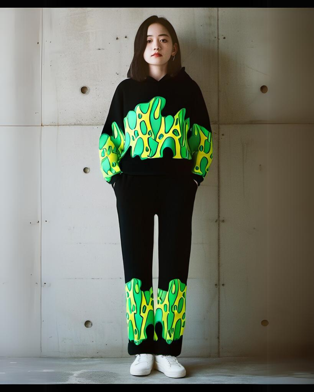 Women Green Fire Edition Hoodie Oversized Co-ord Set - Black and Black