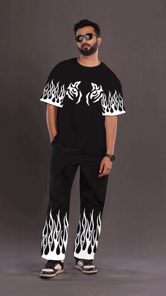 Men's Black Glow in Dark Oversized Co Ord Set - Green Eyes Fire(*)