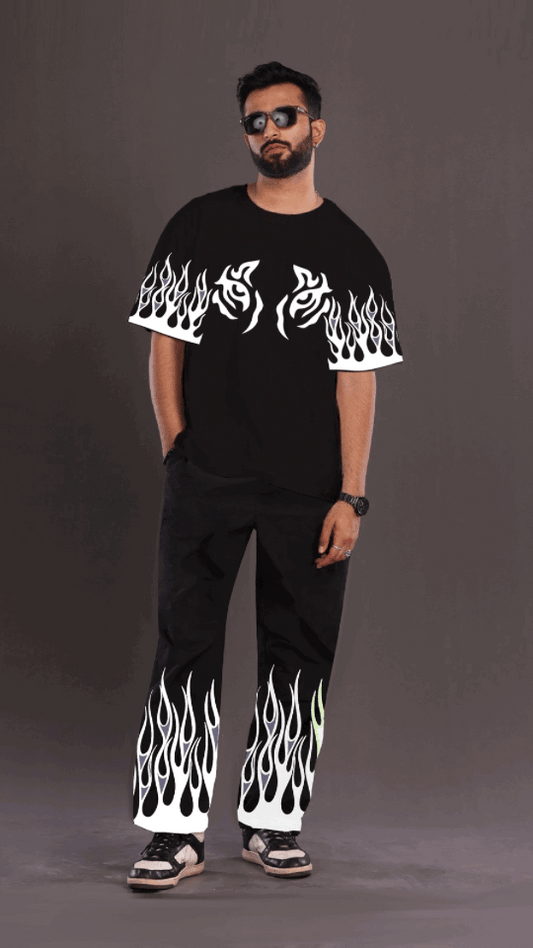 Men's Black Glow in Dark Oversized Co Ord Set - Green Eyes Fire(*)