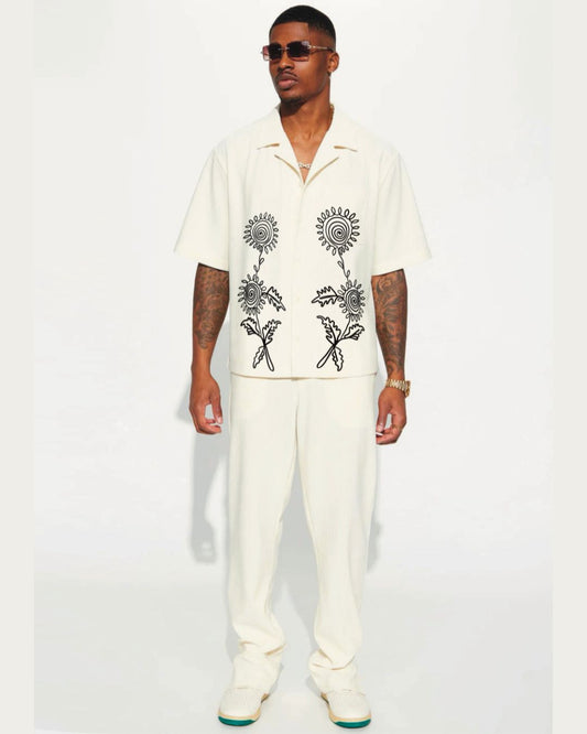 DODDLE FLORAL HALF SHIRT  CORDSET (WHITE AND WHITE)