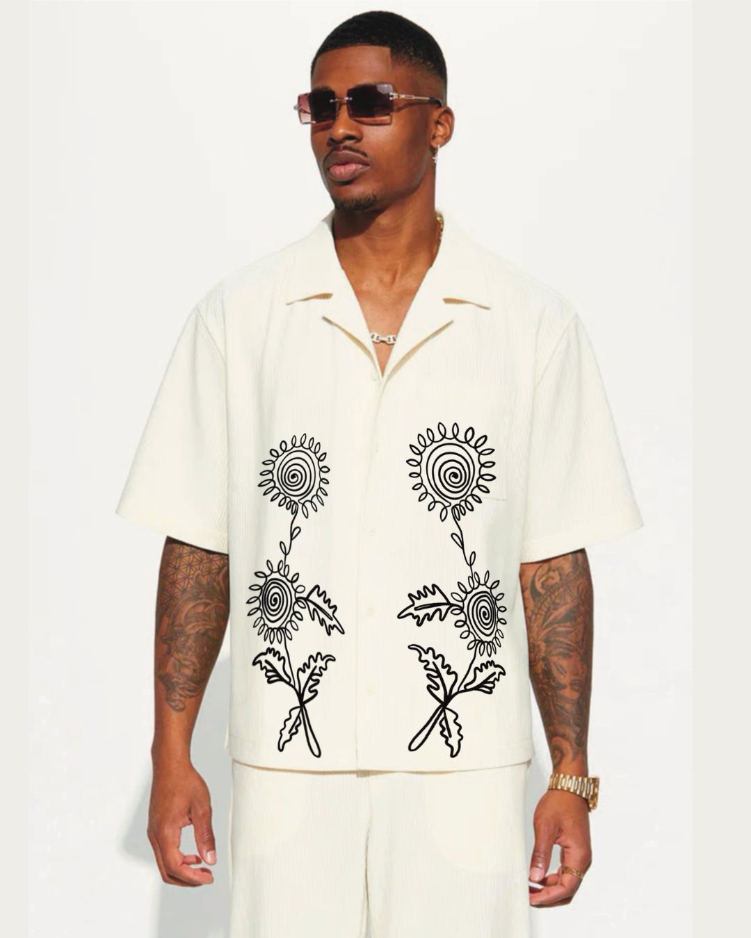 DODDLE FLORAL HALF SHIRT  CORDSET (WHITE AND WHITE)