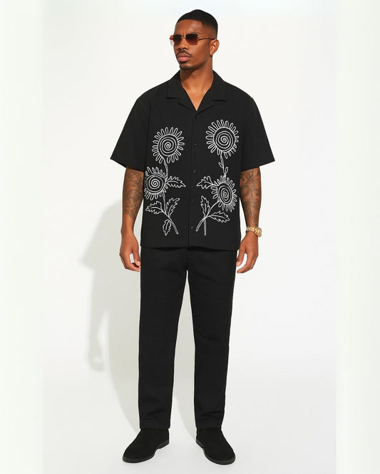DODDLE FLORAL HALF SHIRT CORDSET (BLACK AND BLACK)