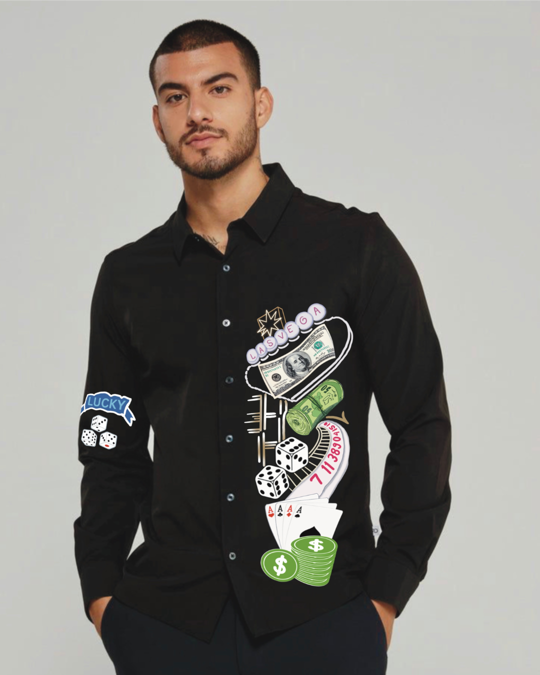 DOLLAR DICE FULL SLEEVE BLACK SHIRT