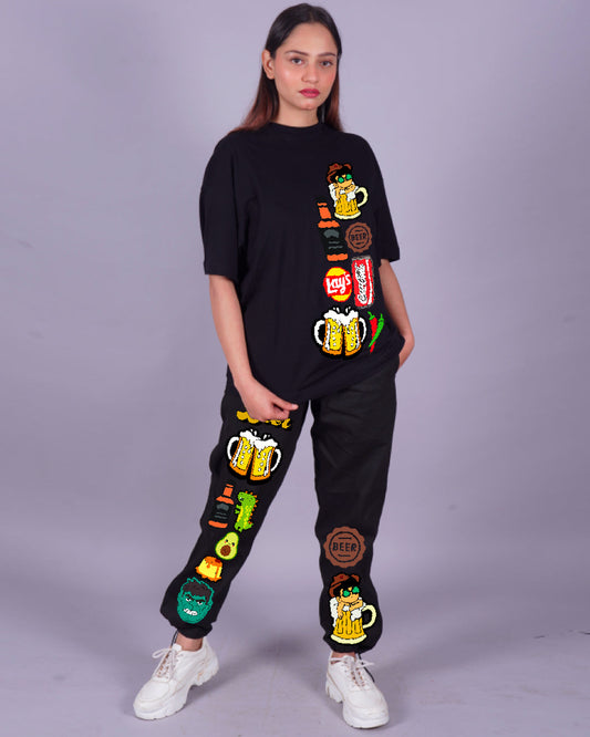 Women BeerFood Oversized Co-Ord Set - Black and Black