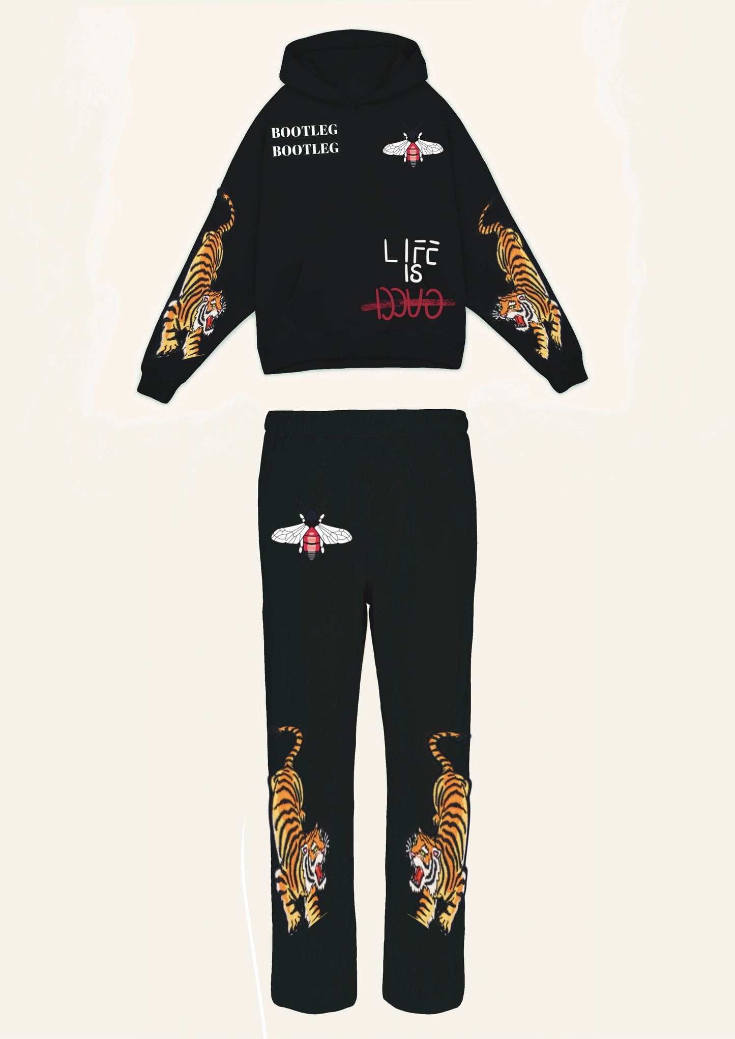 WOMEN TIGER ROAR HOODIE OVERSIZED CO-ORD SET - BLACK AND BLACK(*)