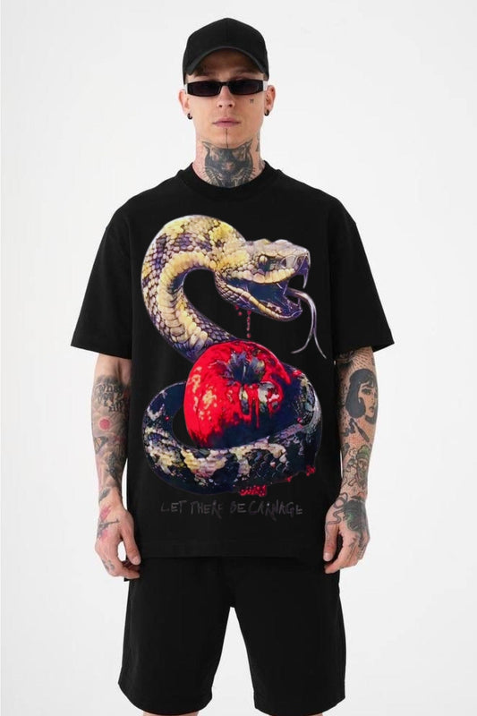 Snake Wrapped Apple Unisex Exclusive Oversized Tee - Black(*)