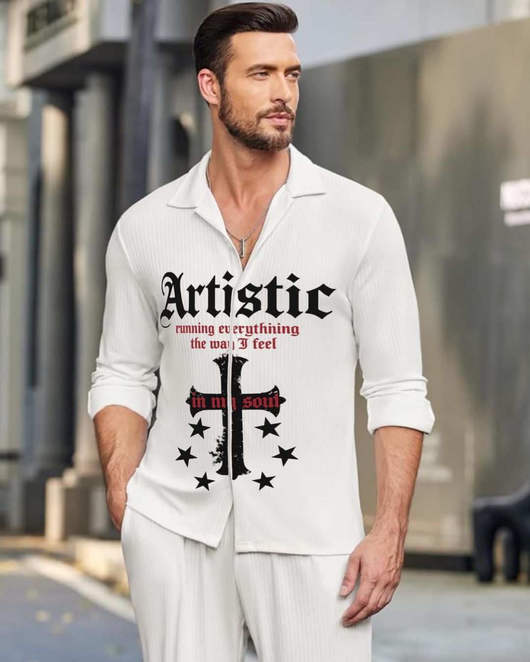 MEN'S ARTISTIC CROSS SHIRT(WHITE)