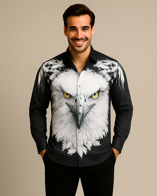 MEN'S FEATHER EGALE SILK FULL SLEEVE BLACK SHIRT