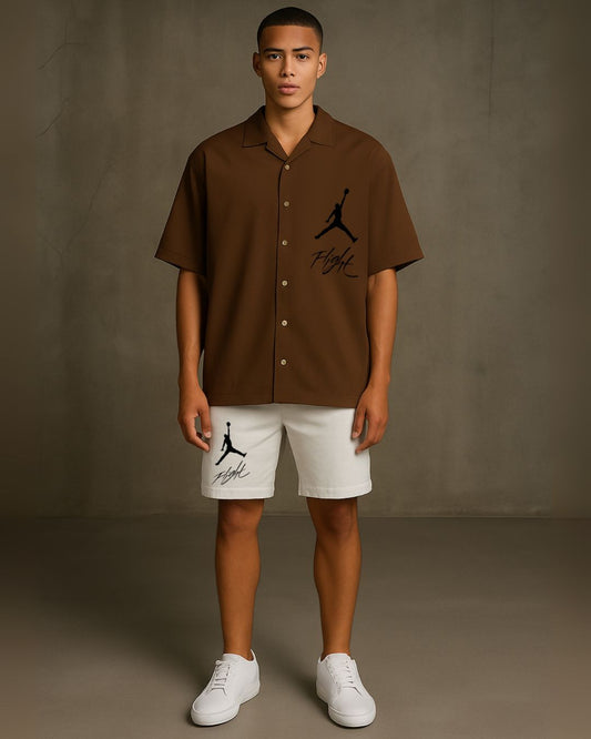 BLACK FLIGHT HALF SLEEVE SHIRT WITH SHORTS CORDSET (BROWN AND WHITE )(*)