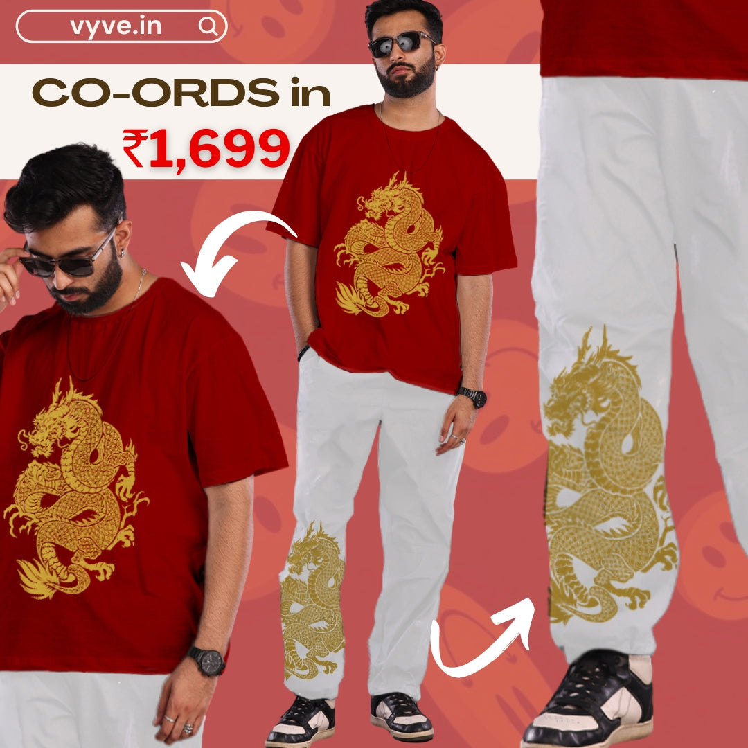 Dragon Saga: Men's Oversized Co Ord Set in Red and White