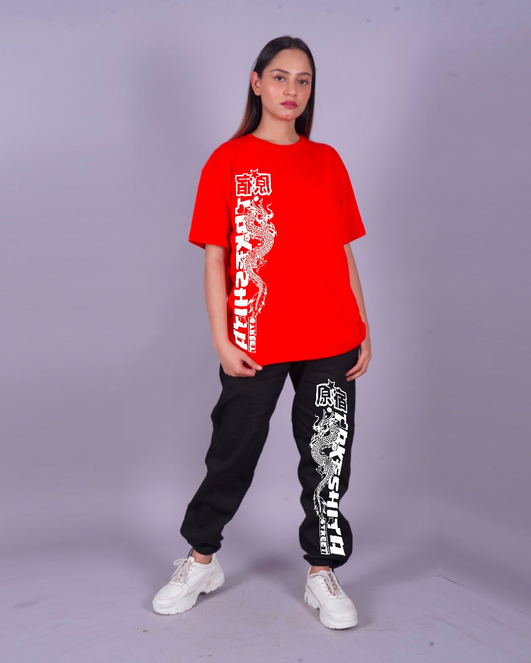 Women Japanese Dragon Oversized Co-Ord Set - Red and Black