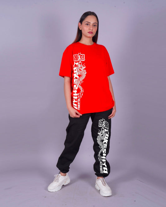 Women Japanese Dragon Oversized Co-Ord Set - Red and Black