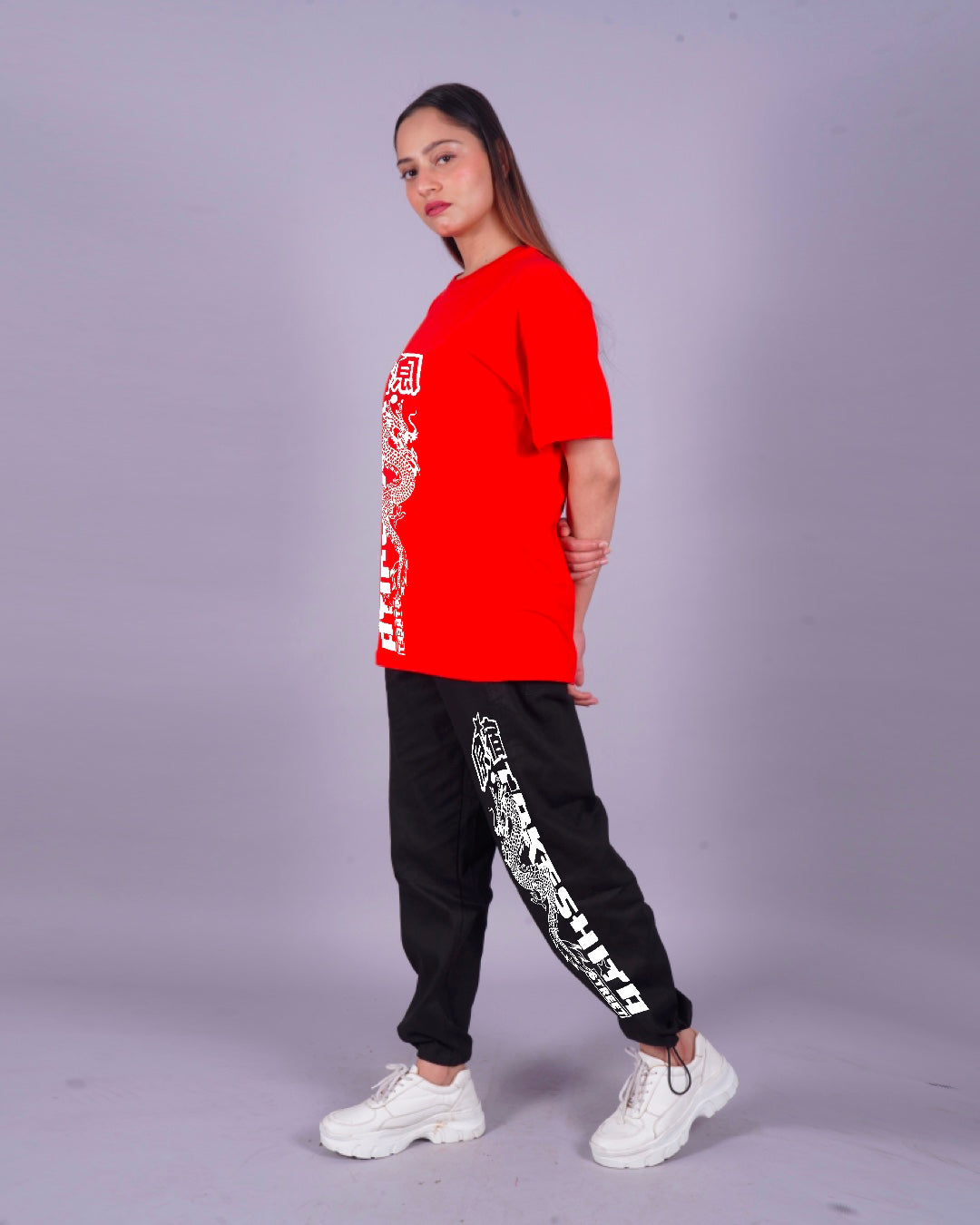 Women Japanese Dragon Oversized Co-Ord Set - Red and Black