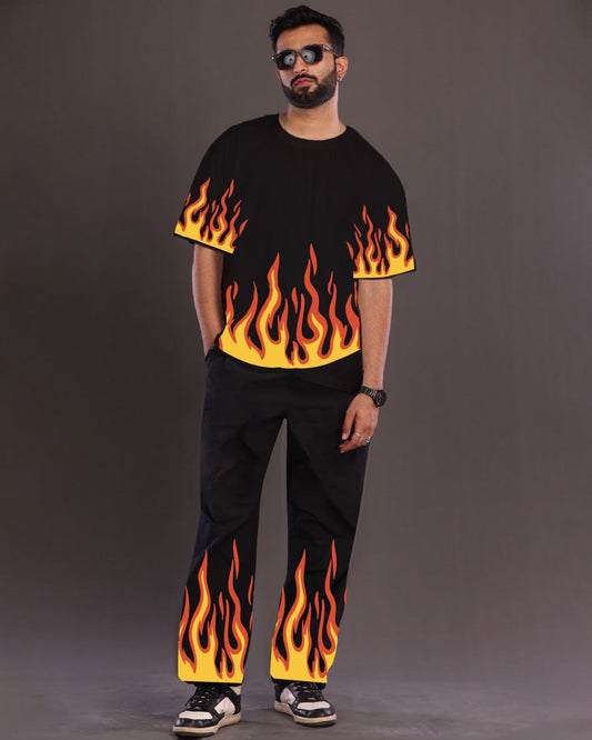 Men's Black Oversized Co Ord Set - Red Fire Design(*)