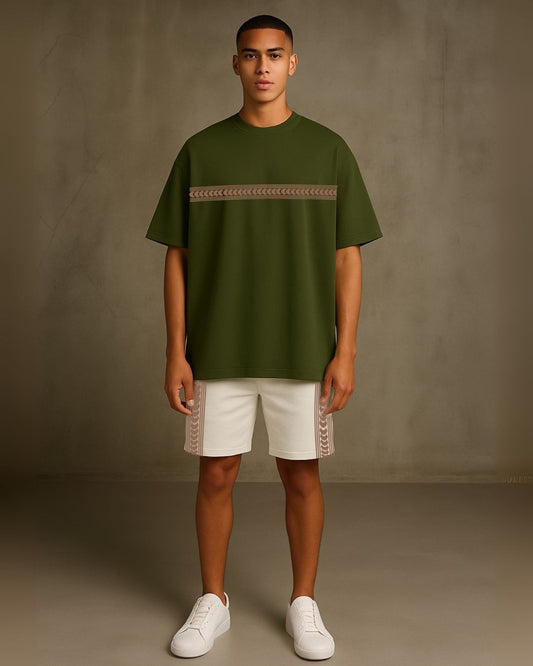 WAVE TEE  WITH SHORTS CORDSET (OLIVE AND WHITE ) (*)