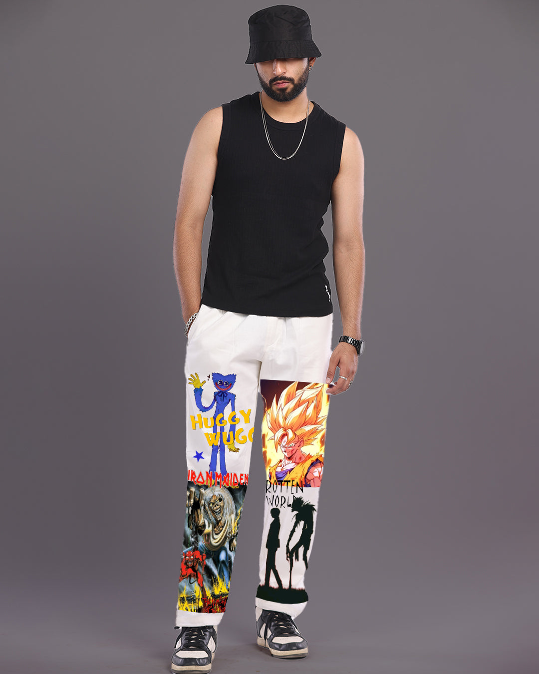 Men White Adjustable Cargo Pants - Funky Anime(*)