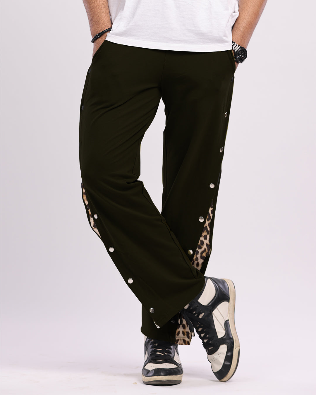 Men's Black Cotton Snap Buttons Pants
