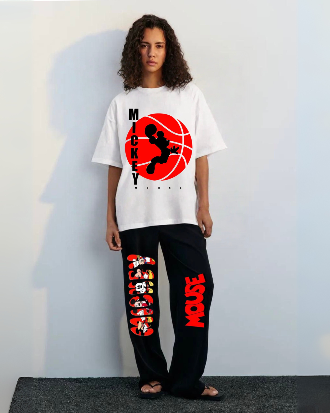 WOMEN'S BLOODY MICKEY  OVERSIZED CO-ORD SET( WHITE AND BLACK )