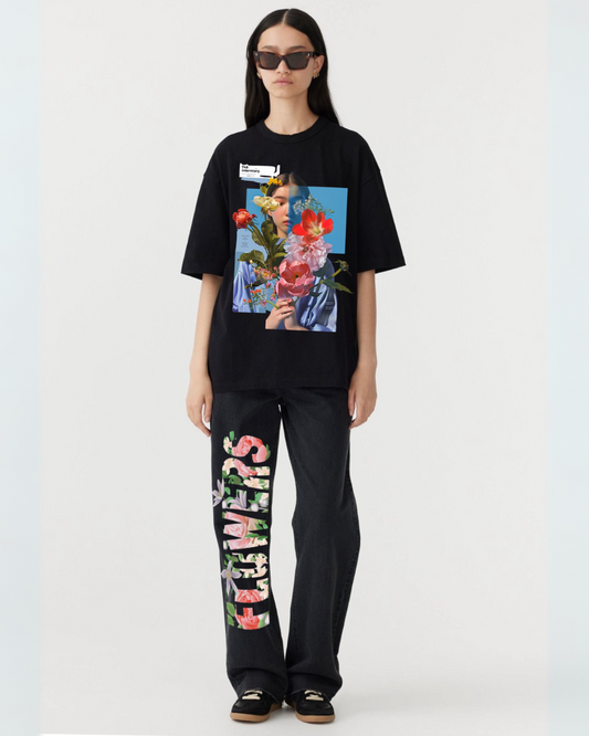 WOMEN'S BLOOMING FLORAL   OVERSIZED CO-ORD SET -( BLACK AND BLACK)