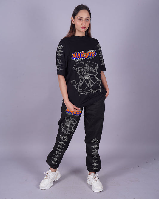 Women Naruto Graphic Oversized Co-Ord Set - Black and Black(*)