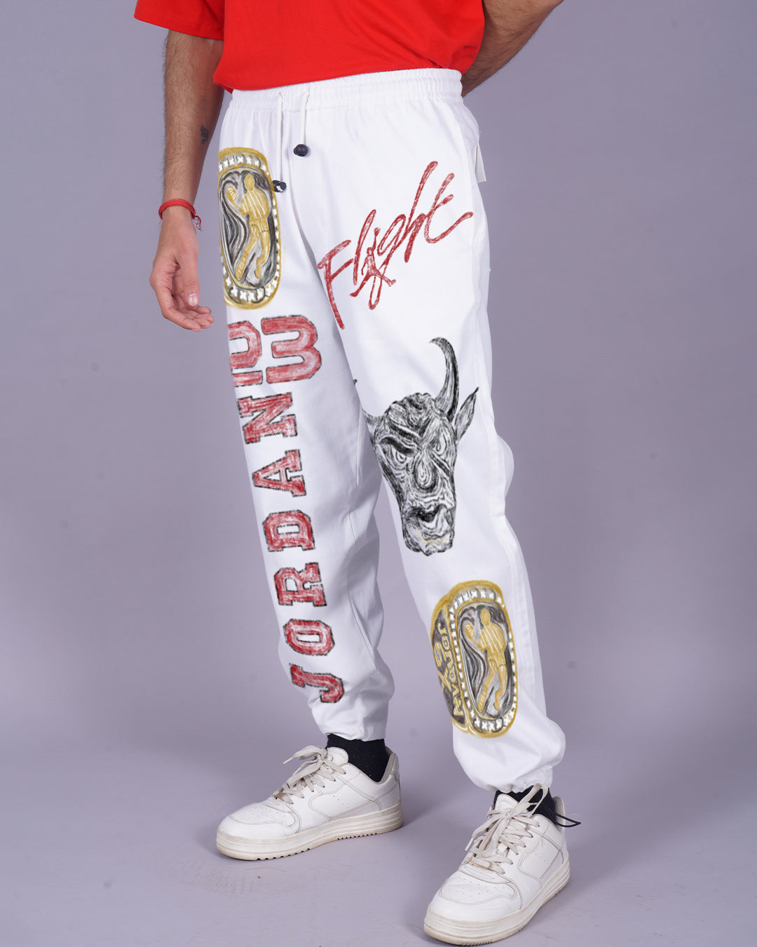 Men's White Cargo Pants - Crayon Design(*)
