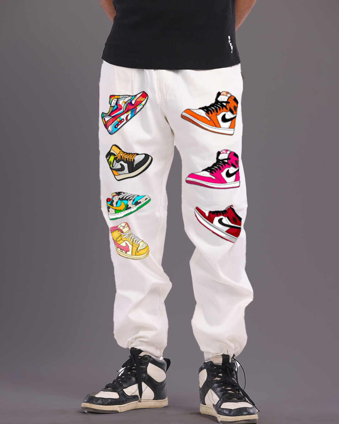Mens White Cargo Pants with Sneaker Design(*)