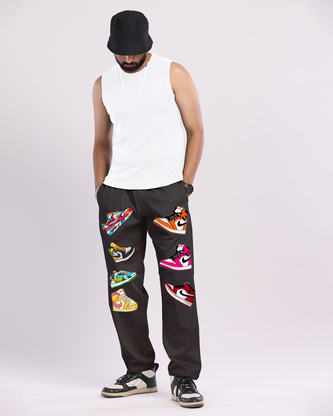 Mens Black Cargo Pants with Sneaker Design(*)