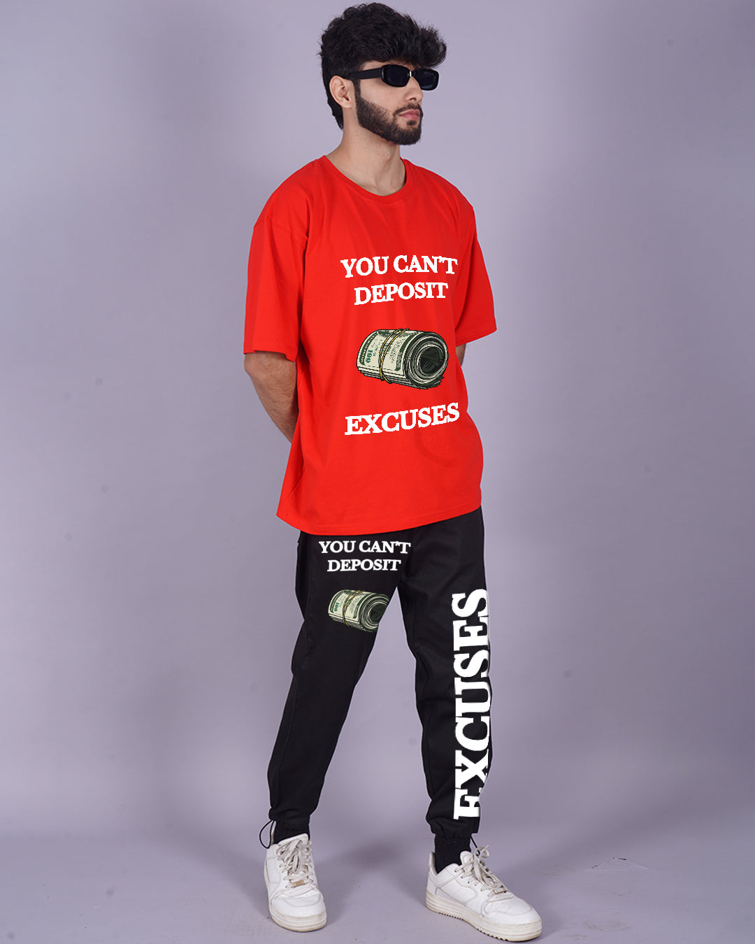 Men's Excuses Oversized Co-ord Set in Red and Black(*)
