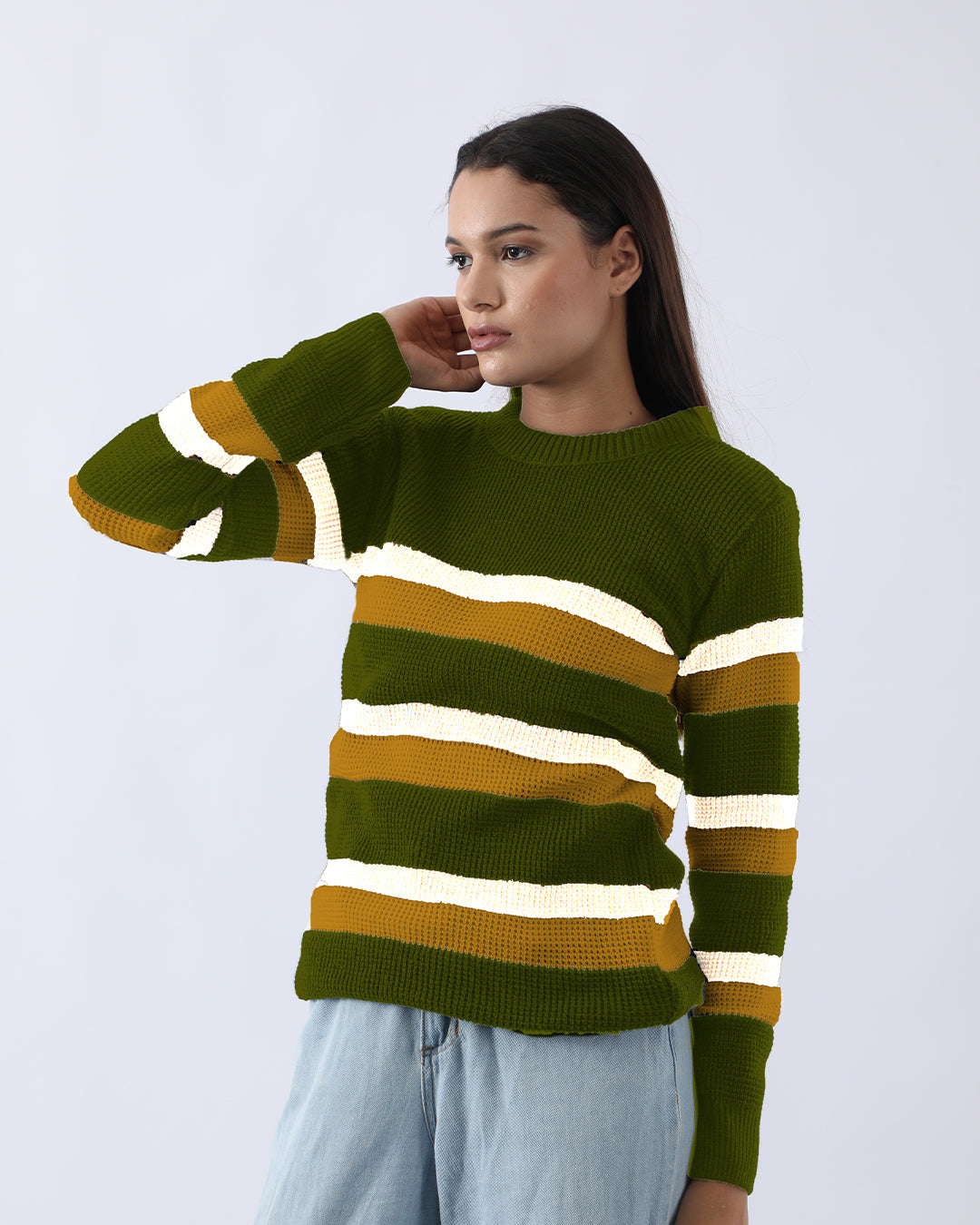 PREMIUM LONG SLEEVE CREW NECK PULLOVERS - BOTTLE GREEN STRIPED