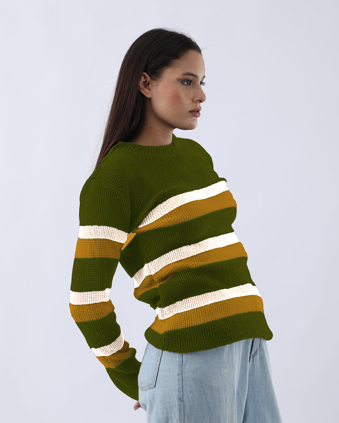 PREMIUM LONG SLEEVE CREW NECK PULLOVERS - BOTTLE GREEN STRIPED
