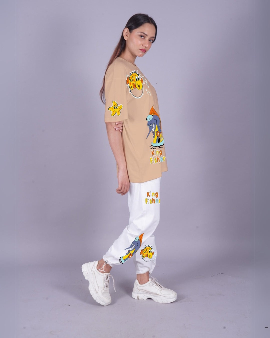Women King Fisher Oversized Co-Ord Set - Beige and White