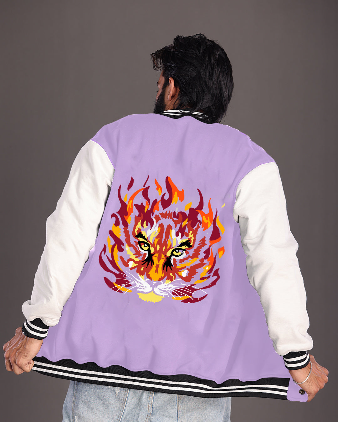 Men's Trendy Purple Varsity Jacket with Tiger Artwork