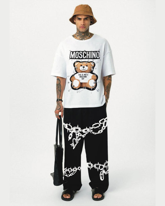 MOSCHINO WHITE TEE WITH CHAIN DESGIN PANT CORDSET ( WHITE AND BLACK)(*)