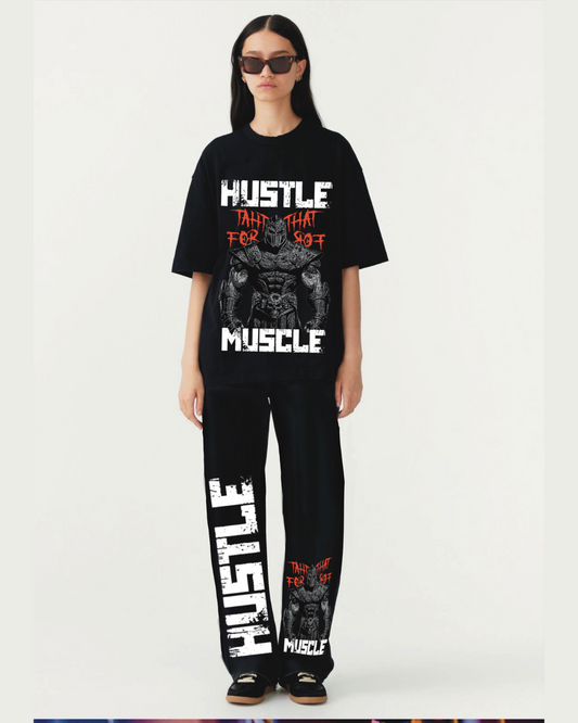 WOMEN'S MUSCLE HUSTLE  OVERSIZED CO-ORD SET -( BLACK AND BLACK)
