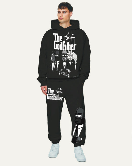 Men's God Father Hoodie Oversized Co-ord Set - Black and Black