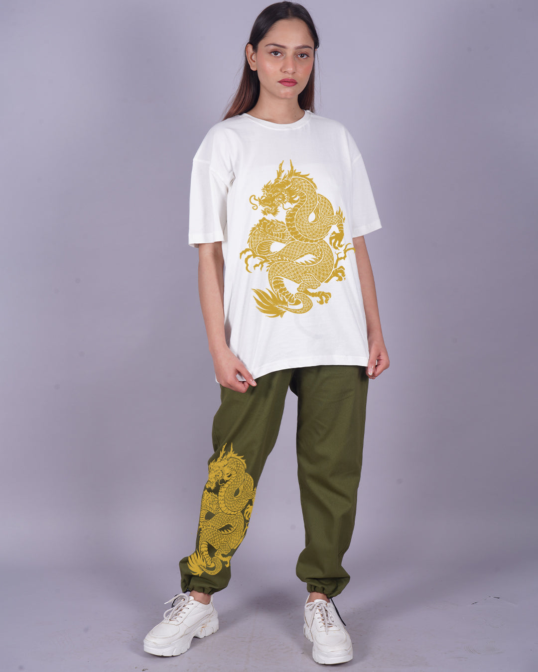 Women Dragon Oversized Co-Ord Set - White and Olive