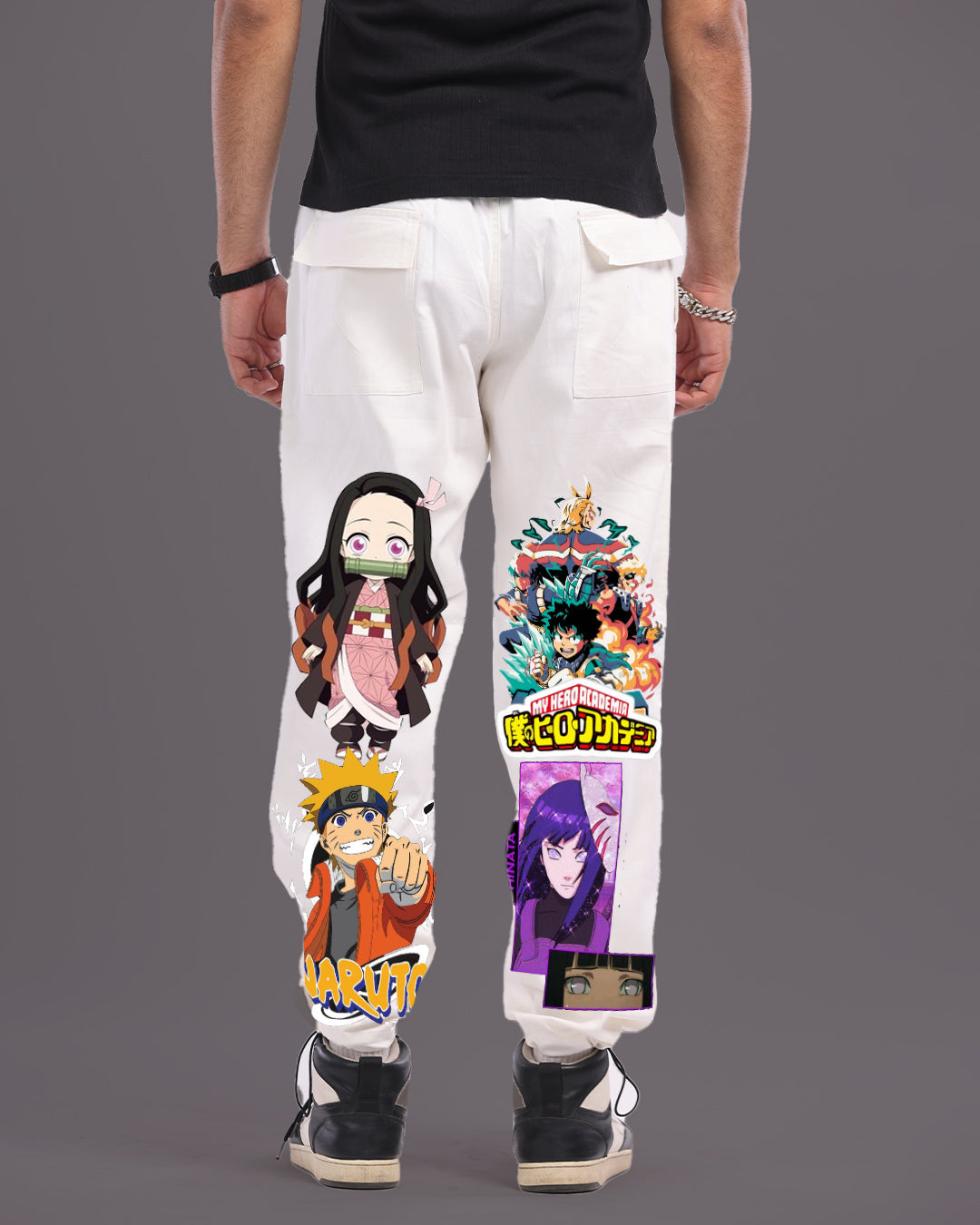 Men White Adjustable Cargo Pants - Funky Anime(*)