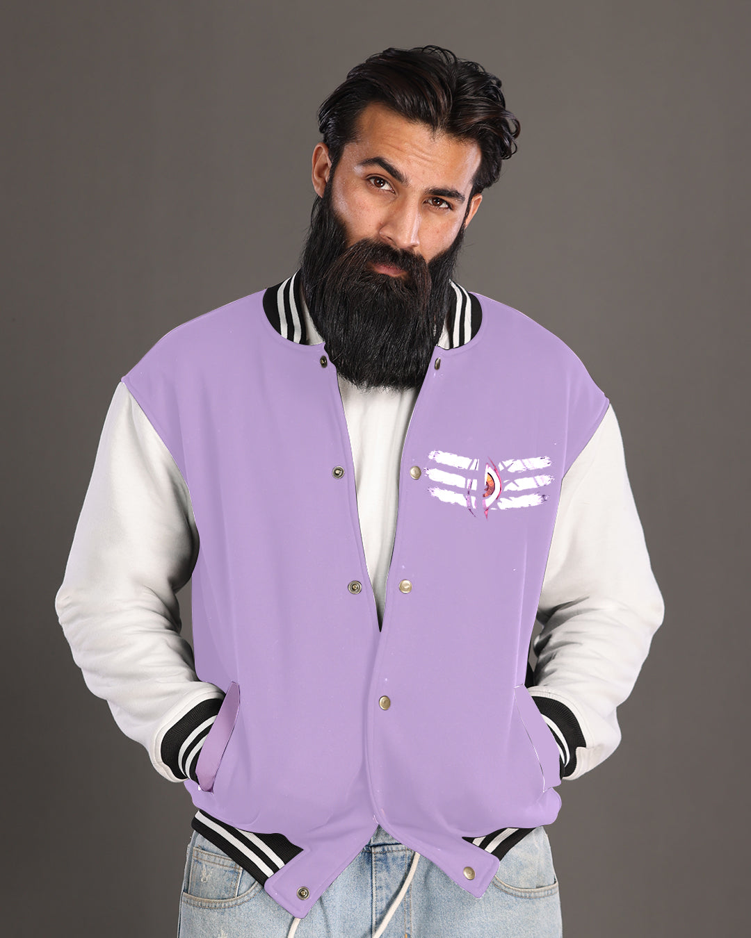 Purple Varsity Jacket with Shiv Tandav Design for Men