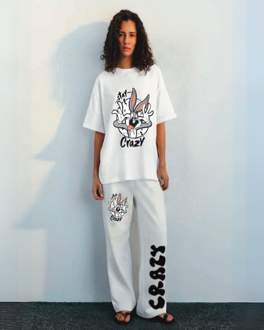 WOMEN STAY CRAZY' CORD SET( WHITE AND WHITE)(*)