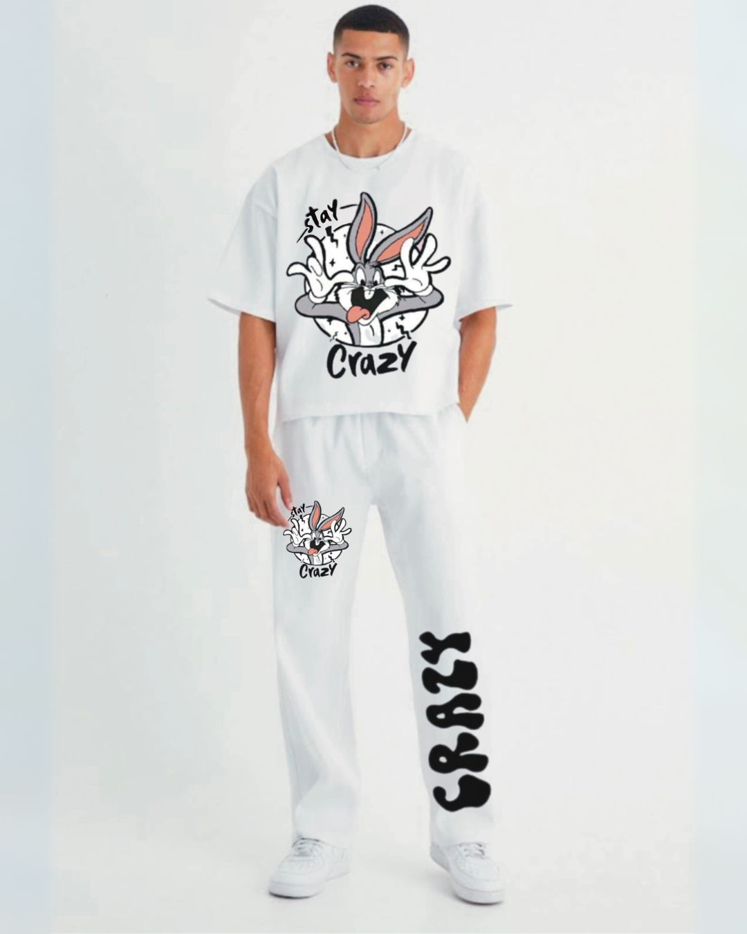 MEN STAY CRAZY' CORD SET( WHITE AND WHITE)(*)